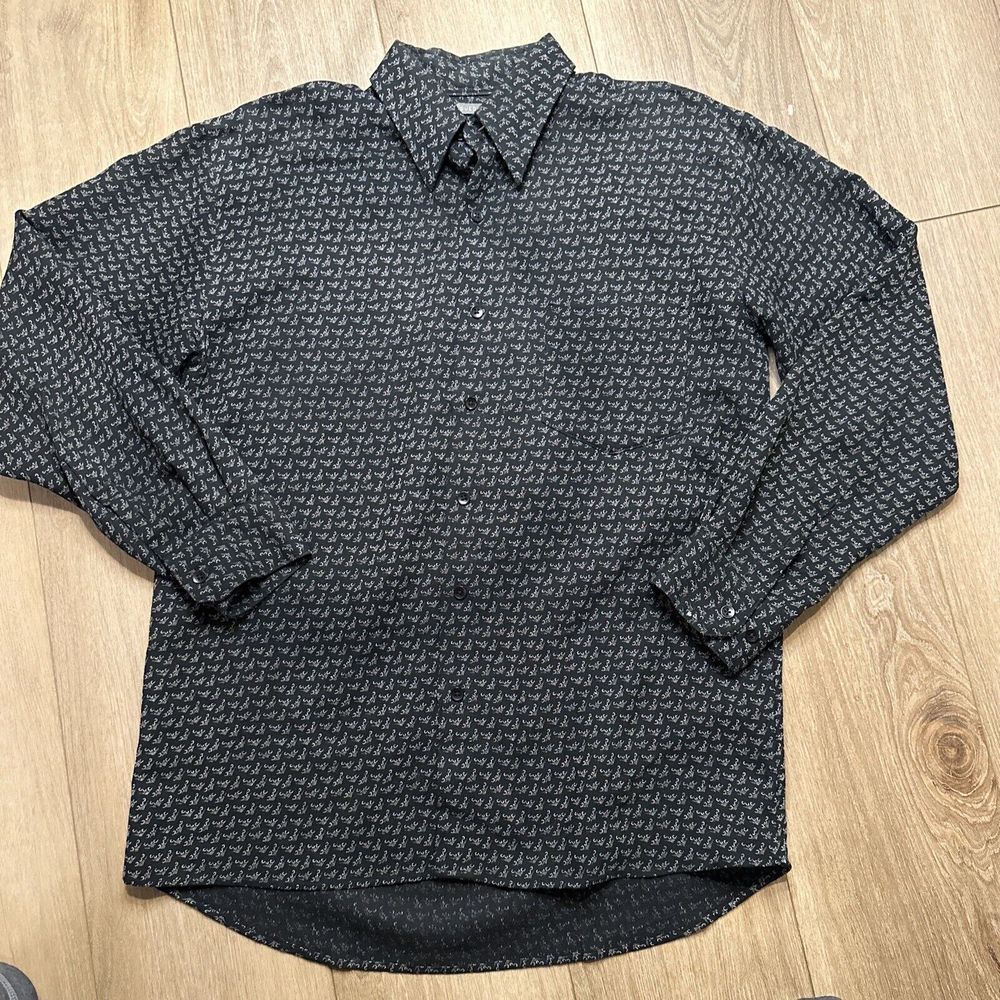 Bruno Sueded Mens Long Sleeve Button Down Shirt Black Crown Print Size M